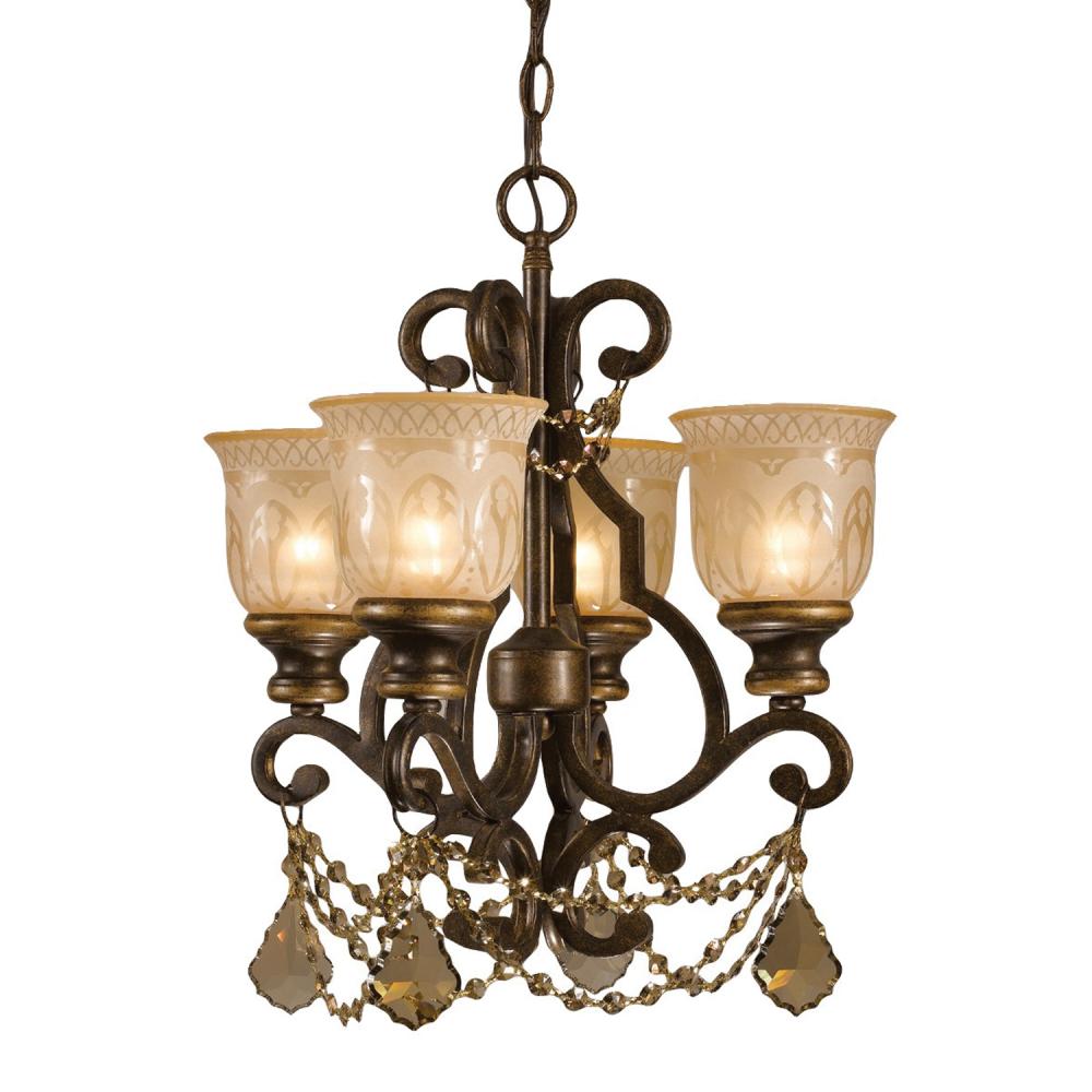 Norwalk 4 Light Golden Teak Hand Cut Crystal Bronze Umber Mini Chandelier